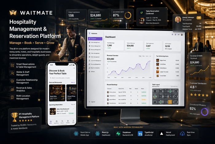 Waitmate — Hospitality management suite · 87% occupancy
